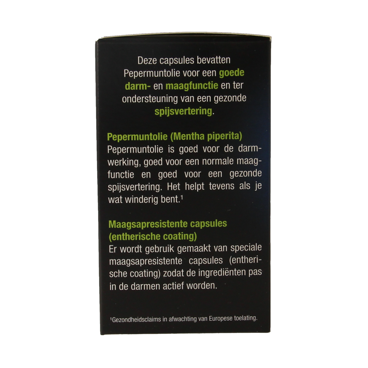Lucovitaal Pepermuntolie capsules in a bottle, herbal supplement for digestive support, with green and white label featuring mint leaves.