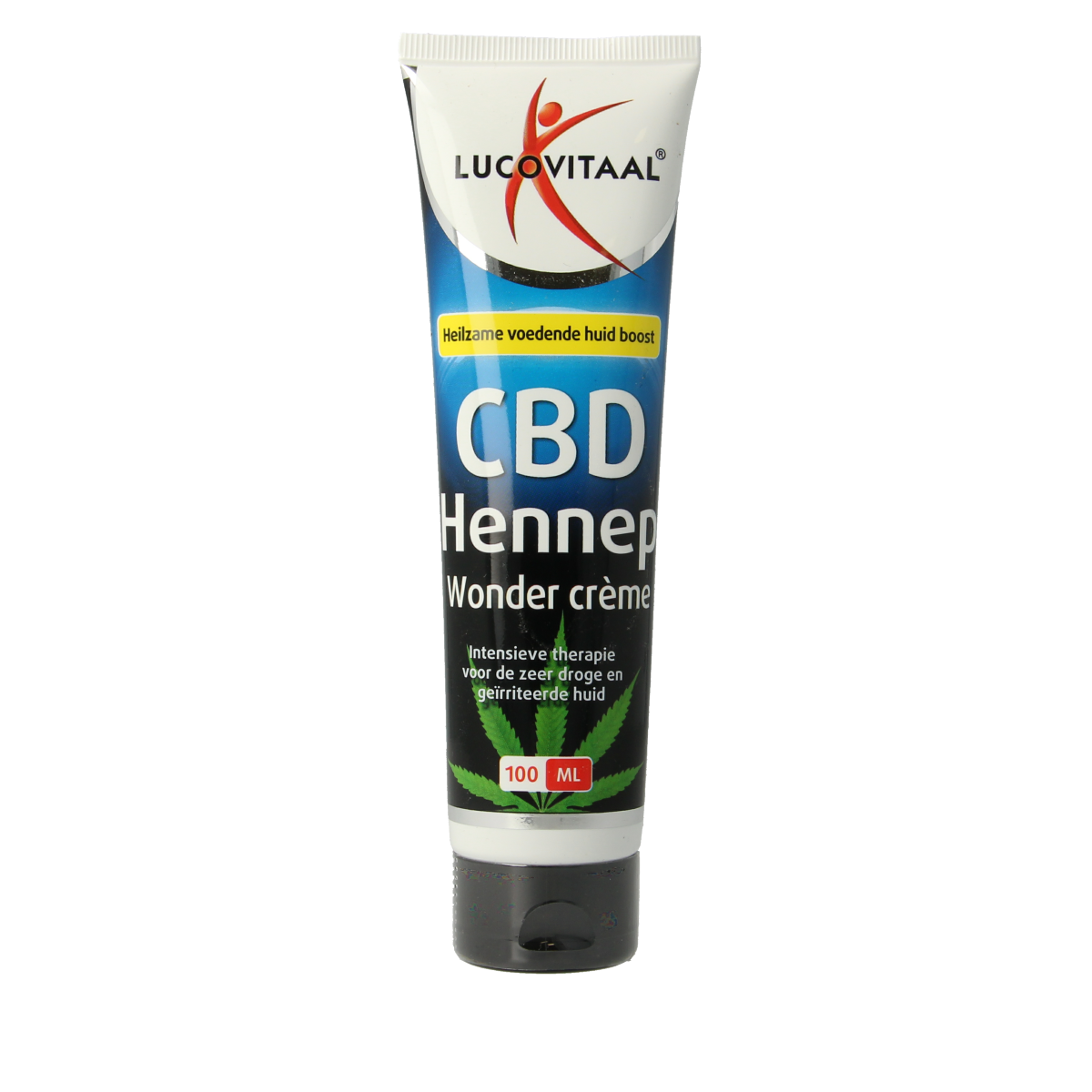 Lucovitaal Hennep CBD huidwondercreme 100ml, moisturizing body cream with hemp CBD for skin care, in a white tube.