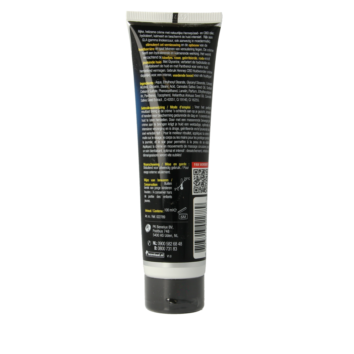Lucovitaal Hennep CBD huidwondercreme, 100ml, moisturizing body cream with hemp extract, visible in a white tub with a green label.