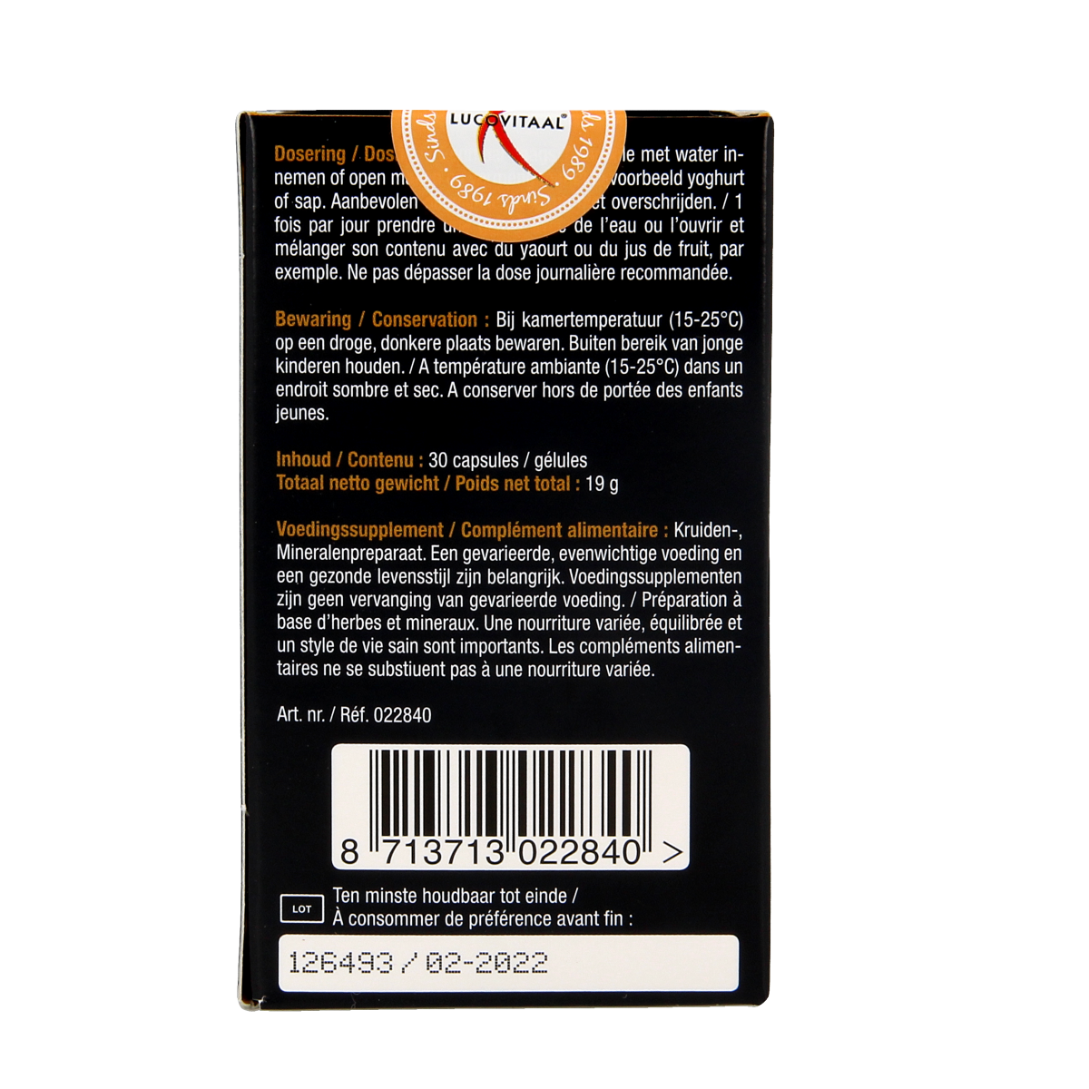 Lucovitaal kruidenpreparaat capsules for blood sugar support, featuring a bottle of 30 capsules.
