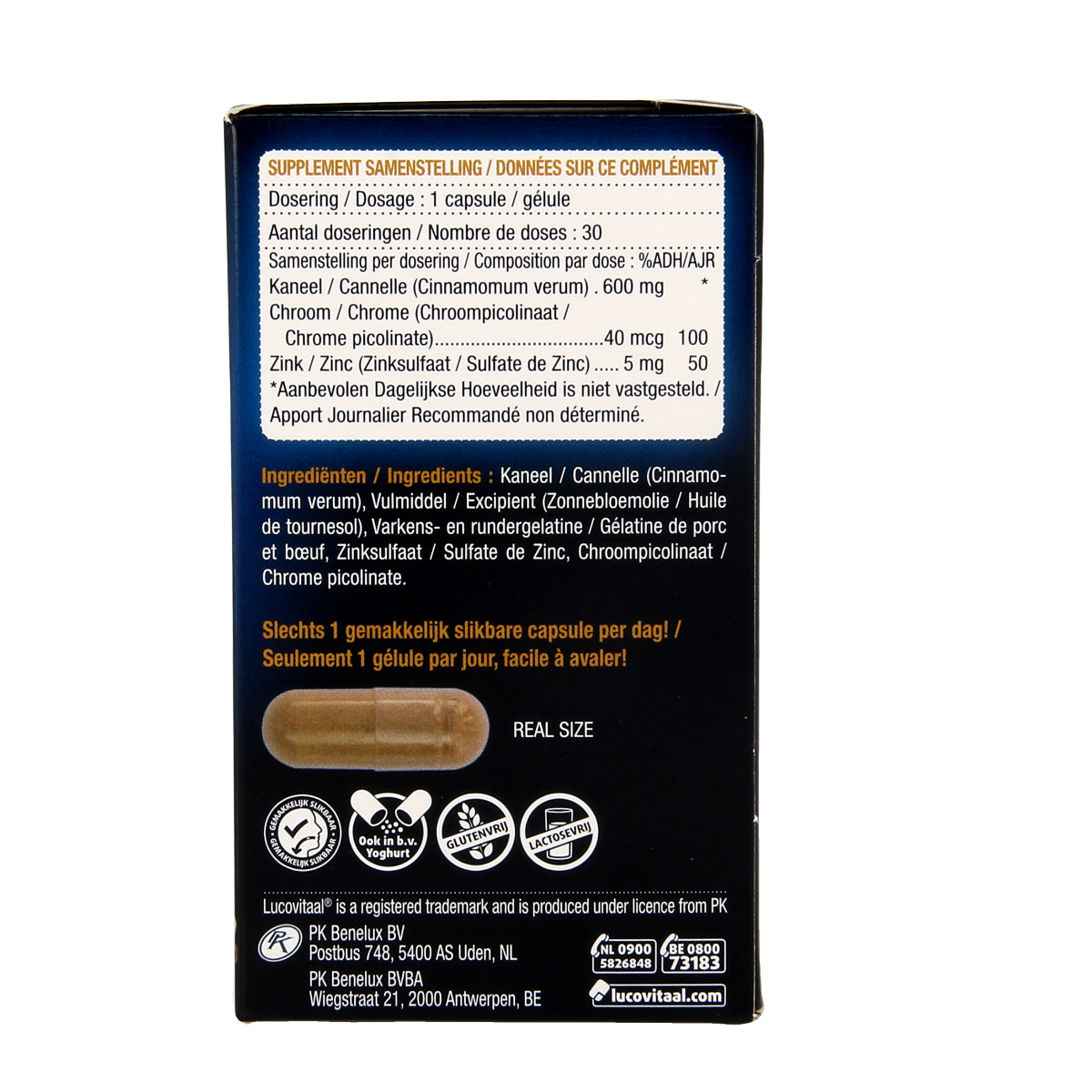 Box of Lucovitaal herbal supplement capsules for blood sugar support, featuring 30 capsules in a white and green package.