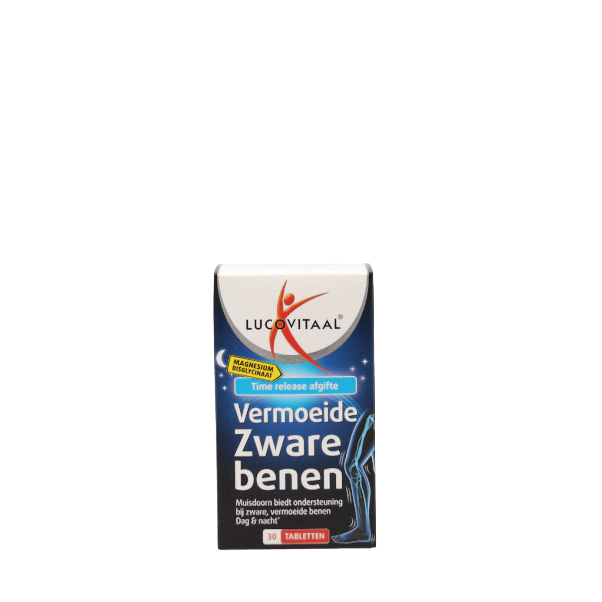 Lucovitaal Magnesium supplement for tired, heavy legs in a bottle of 30 tablets, showing the mineral tablets and packaging.