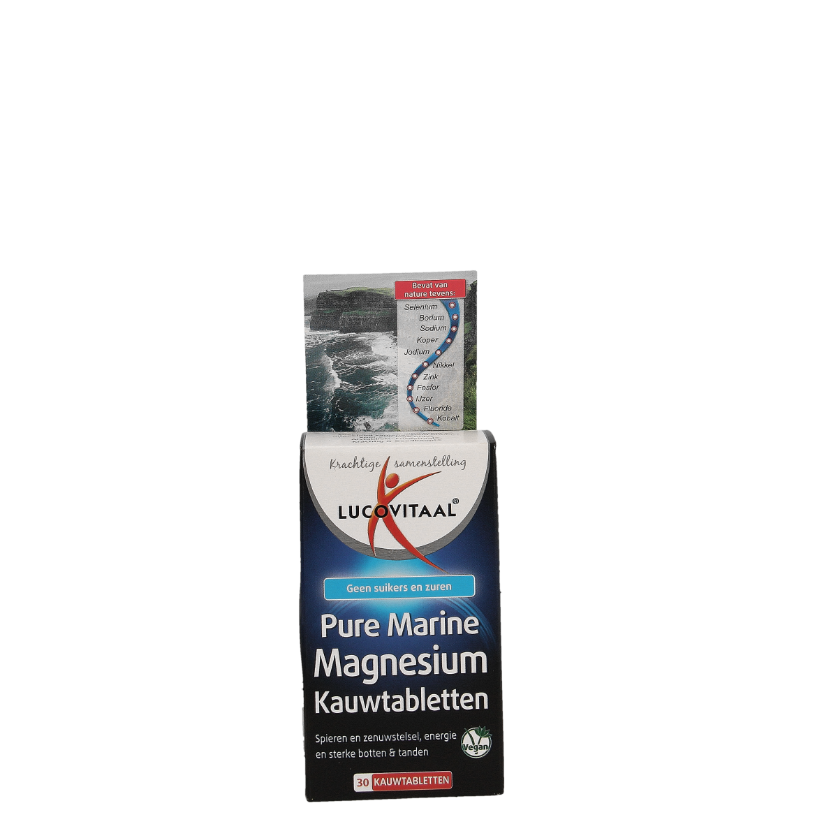Lucovitaal Pure Marine Magnesium chewable tablets, mineral supplement in a white bottle with tablets visible inside.