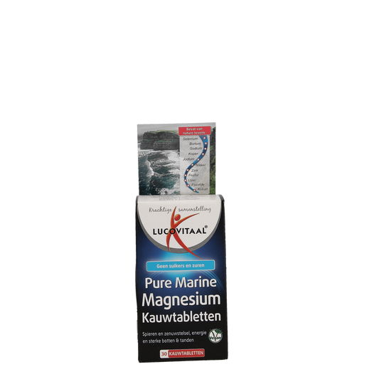 Lucovitaal Pure Marine Magnesium chewable tablets, mineral supplement in a white bottle with tablets visible inside.