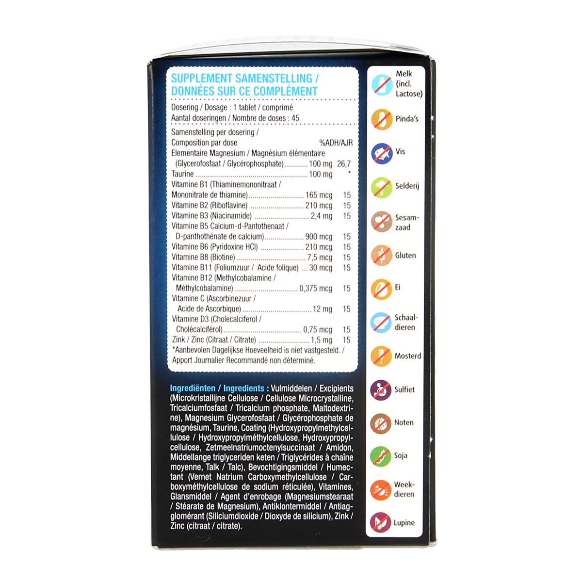 Lucovitaal Magnesium supplement box with 45 tablets, designed to reduce stress and fatigue, featuring mineral multivitamin benefits.