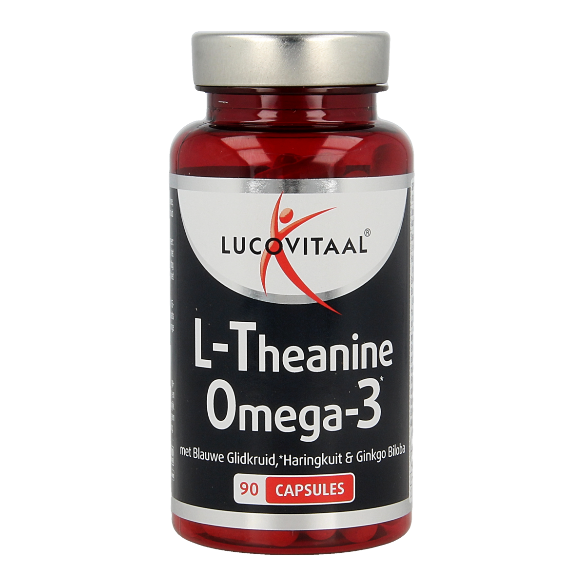 Lucovitaal L-Theanine Omega 3 capsules, dietary supplement with amino acids, shown in a clear bottle with capsules inside.