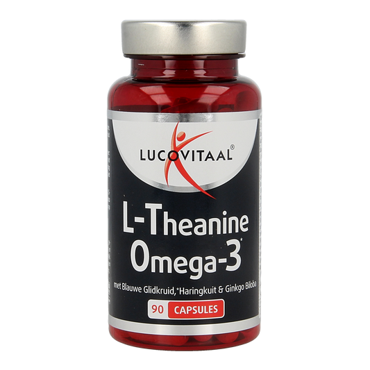 Lucovitaal L-Theanine Omega 3 capsules, dietary supplement with amino acids, shown in a clear bottle with capsules inside.