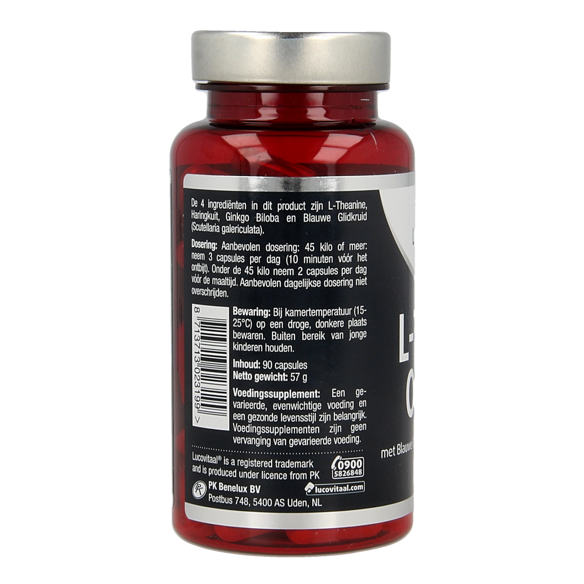 Box of Lucovitaal L-Theanine omega-3 capsules, dietary supplement with amino acids, in a white bottle with label.