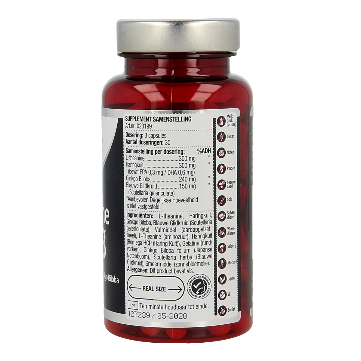 Lucovitaal L-Theanine Omega 3 capsules, dietary supplement with amino acids, shown in a bottle with 90 capsules.