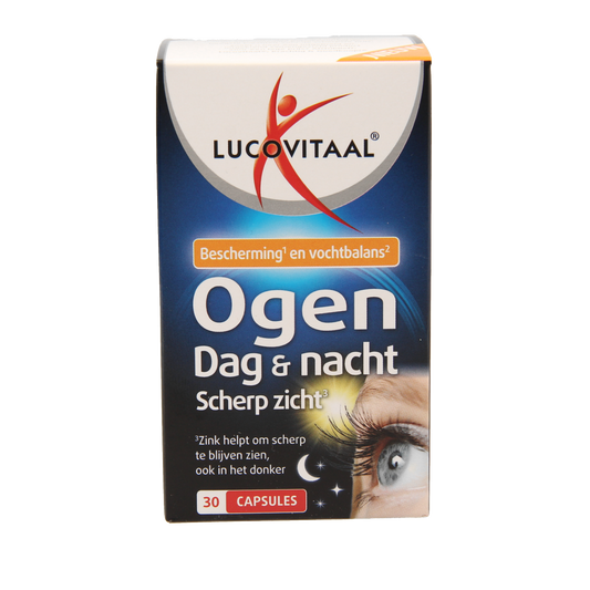 Lucovitaal Ogen dag en nacht scherp zicht capsules, herbal supplement for eye health, displayed in a bottle with capsules.