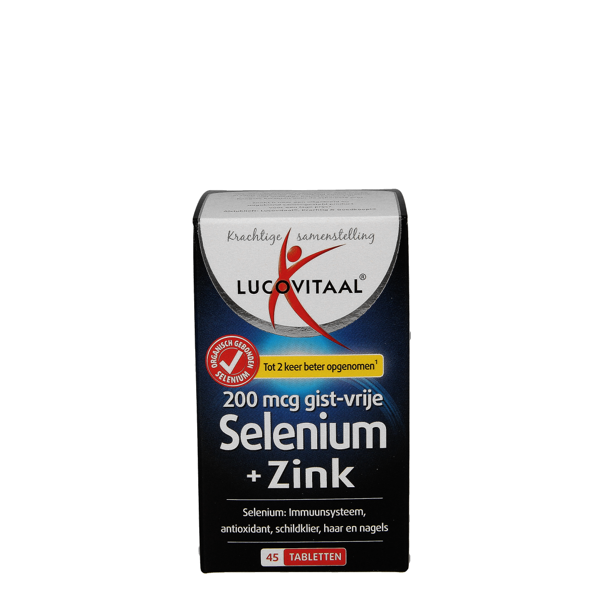 Lucovitaal Selenium Zink mineral supplement tablets, 45-count, showing the bottle and tablets in blister packaging.