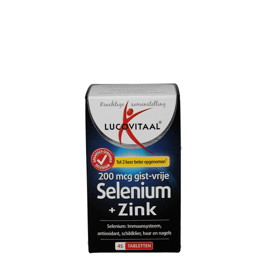 Lucovitaal Selenium Zink mineral supplement tablets, 45-count, showing the bottle and tablets in blister packaging.