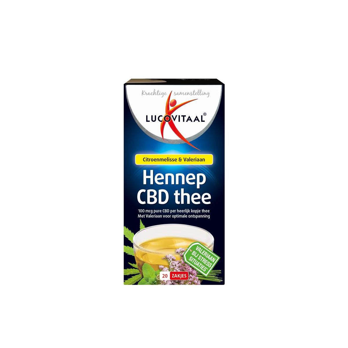 Lucovitaal Hennep CBD thee in a box with 20 tea bags, natural herbal tea with CBD for relaxation.