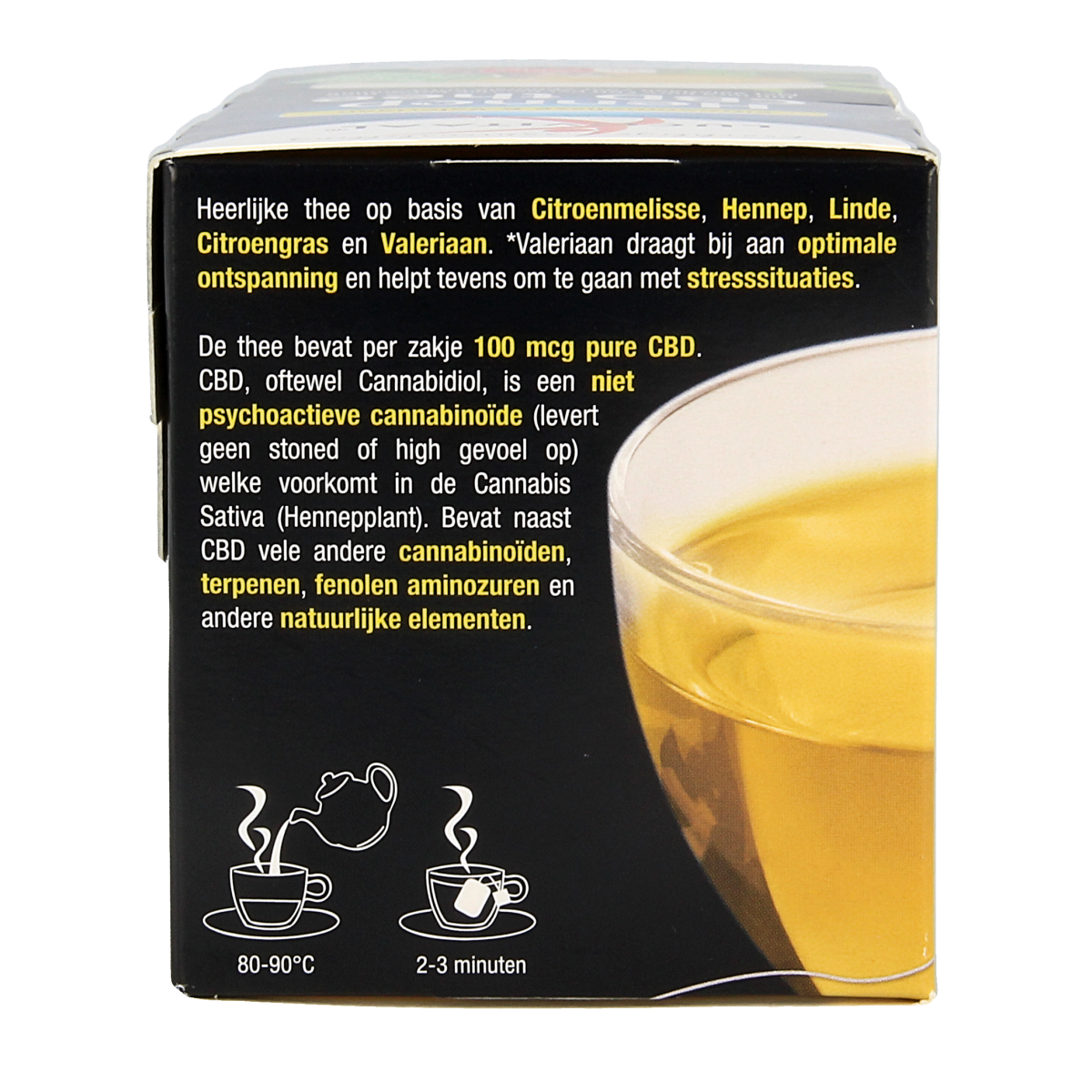 Lucovitaal Hennep CBD thee in 20 tea bags, herbal tea with hemp CBD, natural wellness beverage, displayed in a box.