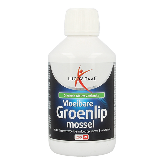 Lucovitaal Groenlipmossel vloeibaar kruidenpreparaat in 200ml bottle, natural supplement for joint support and mobility.