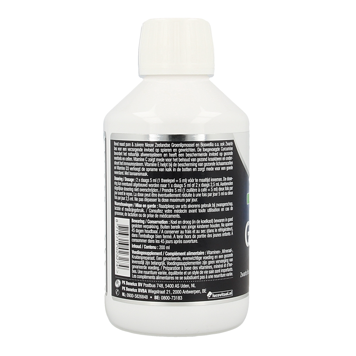 Lucovitaal Groenlipmossel vloeibaar supplement in 200ml bottle, herbal preparation for joint support and mobility.