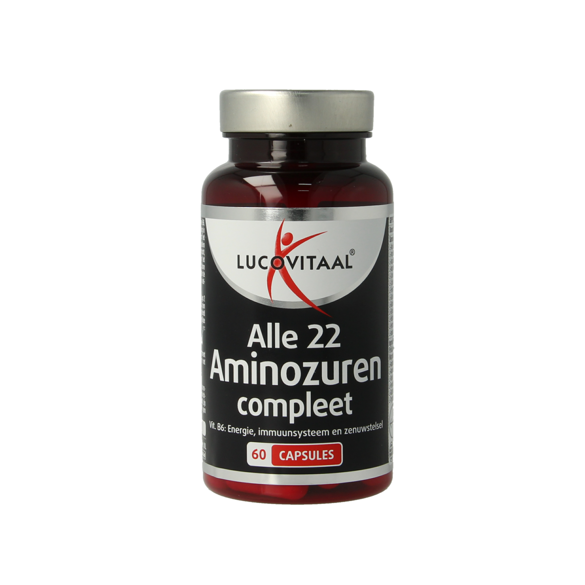 Lucovitaal complete amino acids supplement with 60 capsules, featuring a white bottle and label displaying product details.