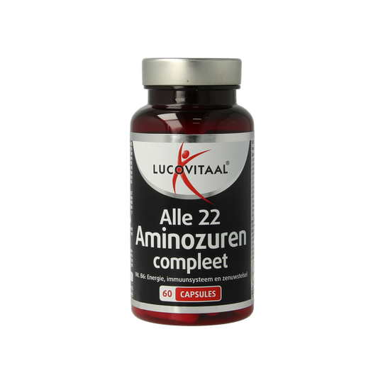 Lucovitaal complete amino acids supplement with 60 capsules, featuring a white bottle and label displaying product details.