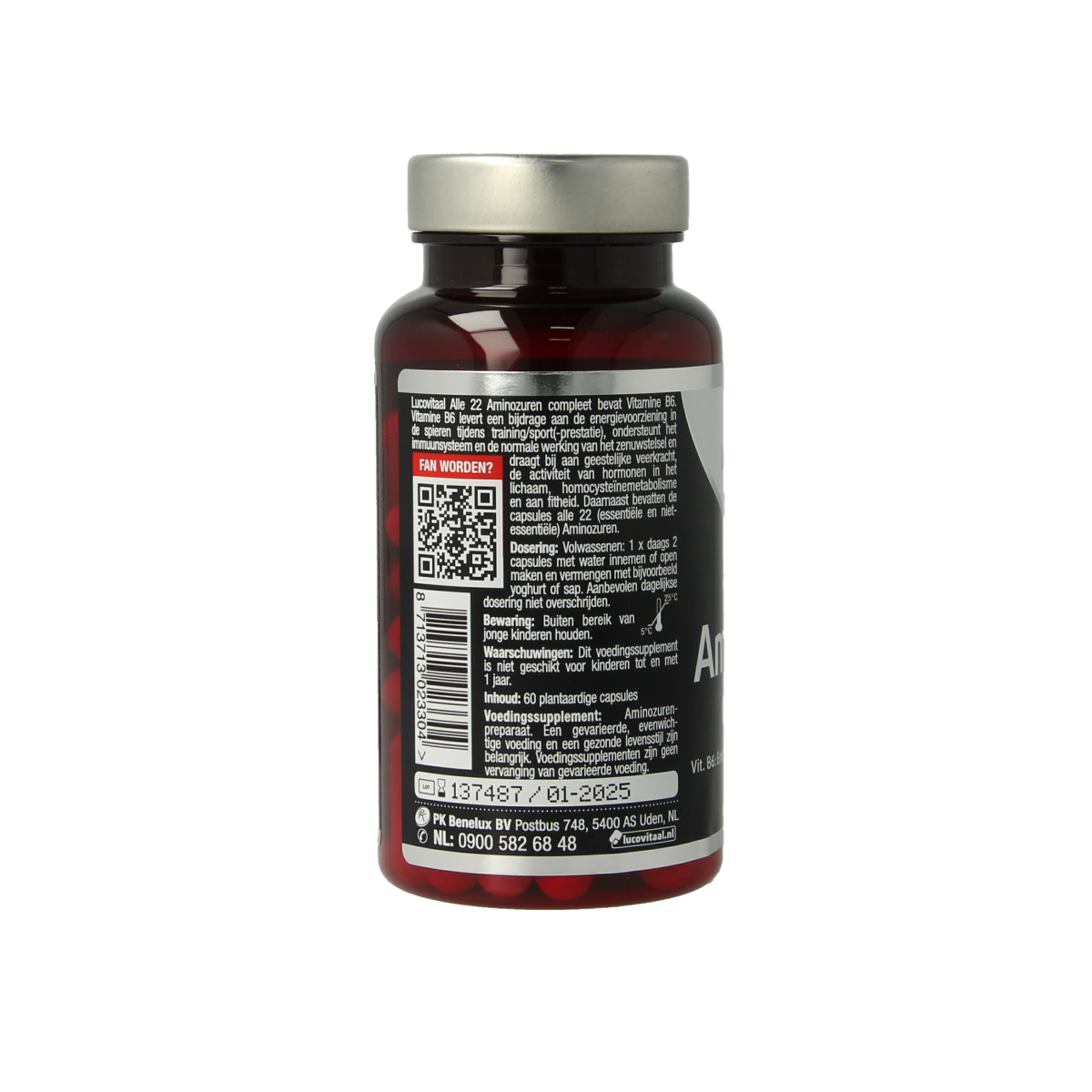 Lucovitaal Alle 22 Aminozuren Compleet supplement bottle with 60 capsules, showing the product label and capsules inside