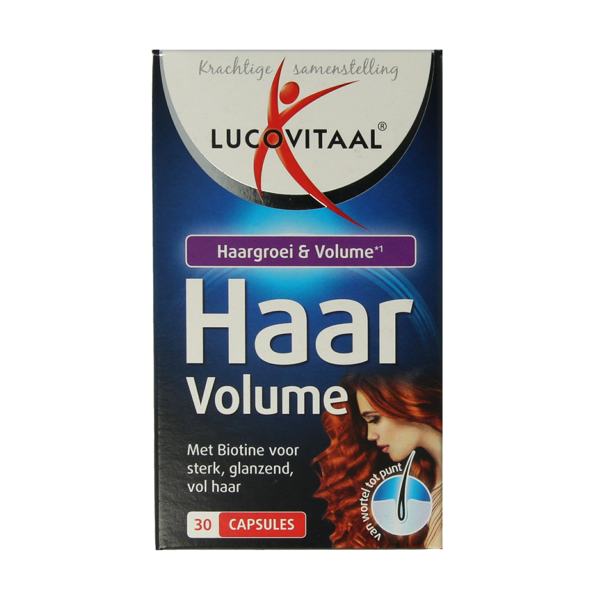 Lucovitaal Haar Groei & Volume herbal supplement capsules, showing a bottle of 30 capsules for hair health and volume.