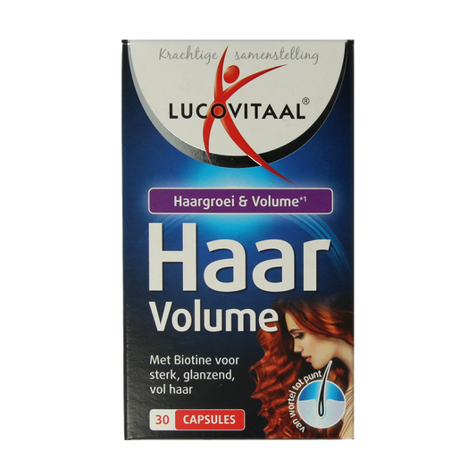 Lucovitaal Haar Groei & Volume herbal supplement capsules, showing a bottle of 30 capsules for hair health and volume.
