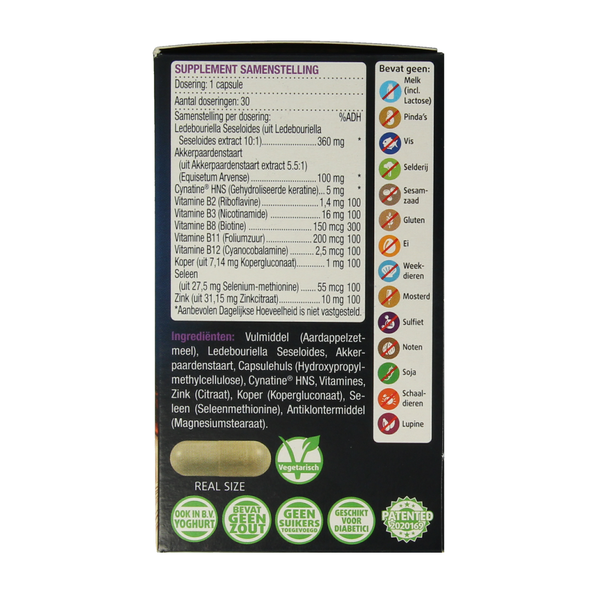 Lucovitaal Haar Groei & Volume capsules in a container with herbal supplement capsules for hair health and volume.