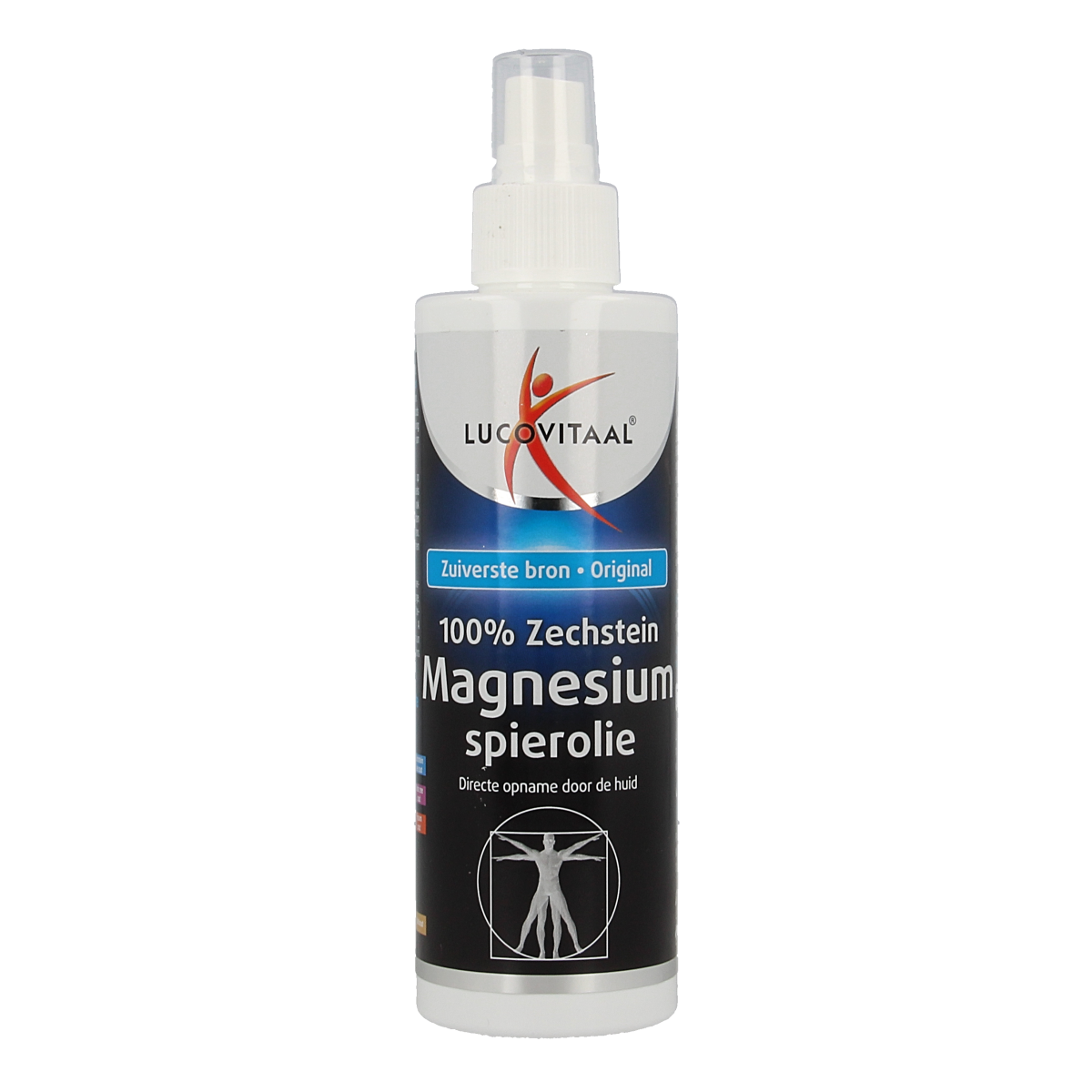 Lucovitaal Zechstein magnesium spray in a 200ml bottle, a body care product for muscle relaxation and skin wellness.