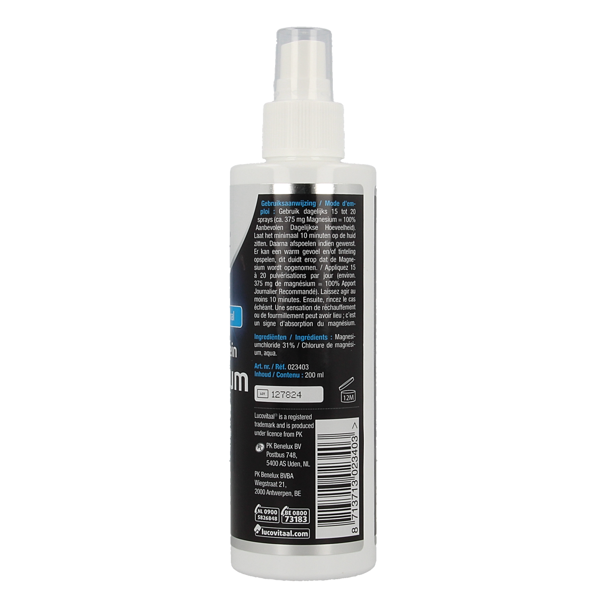 Lucovitaal Zechstein magnesium spray in a 200ml bottle, a natural body care product for muscle relaxation and skin nourishment.