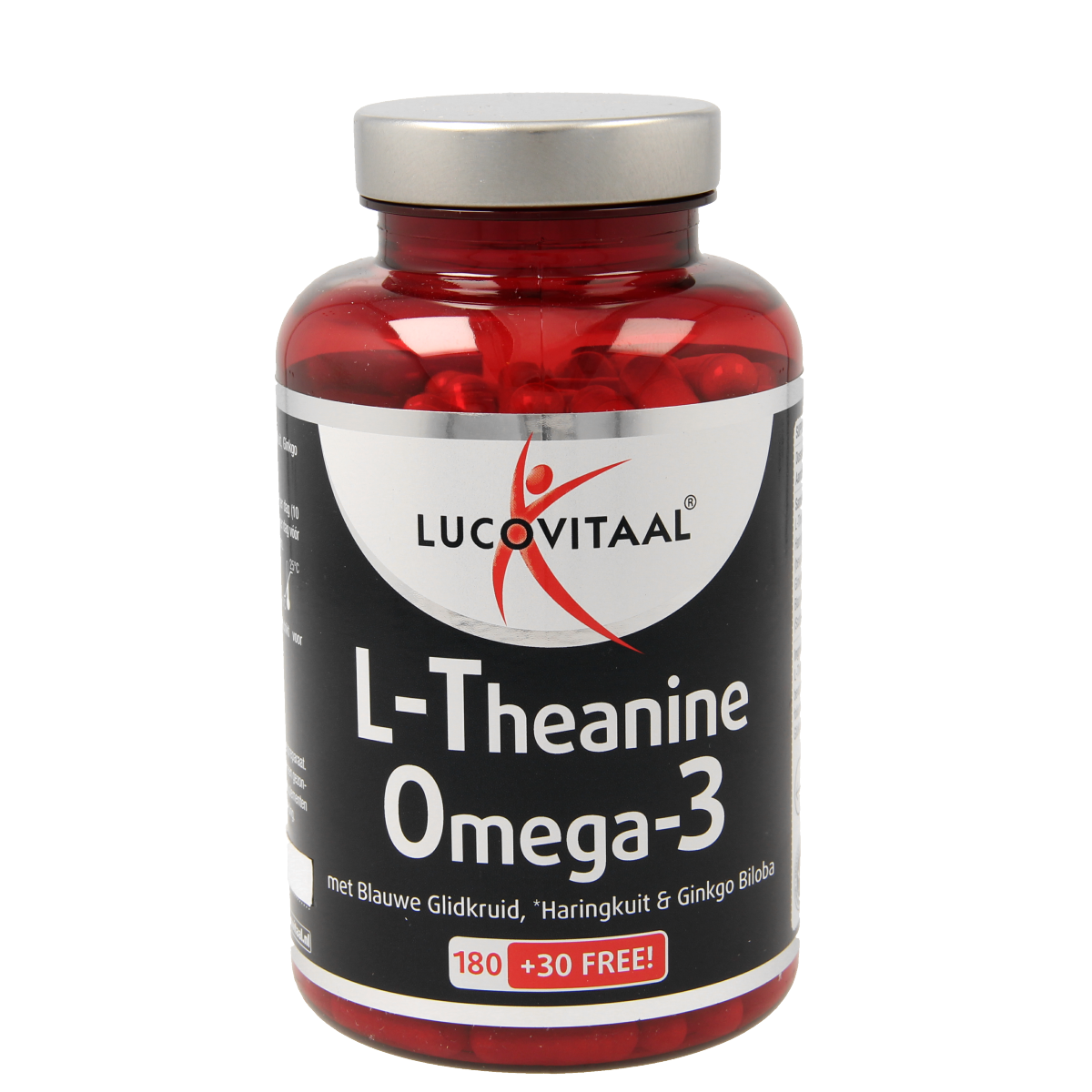 Lucovitaal L-Theanine omega-3 capsules in a bottle, herbal supplement for relaxation and brain support.