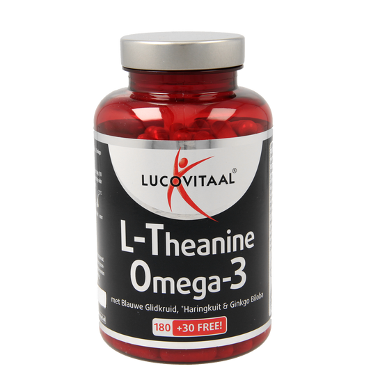Lucovitaal L-Theanine omega-3 capsules in a bottle, herbal supplement for relaxation and brain support.