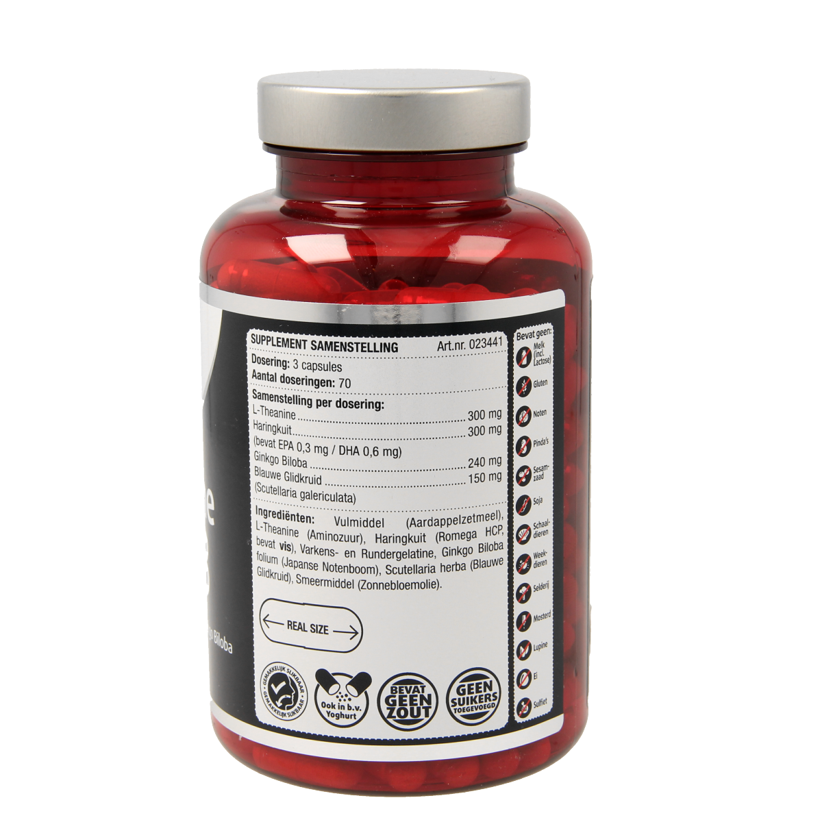 Lucovitaal L-Theanine and omega 3 capsules, herbal supplement in a bottle, showing 210 capsules on the label.