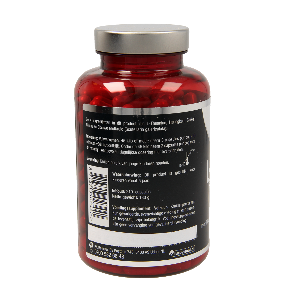 Lucovitaal L-Theanine Omega 3 capsules in a bottle, herbal supplement for relaxation and brain health.