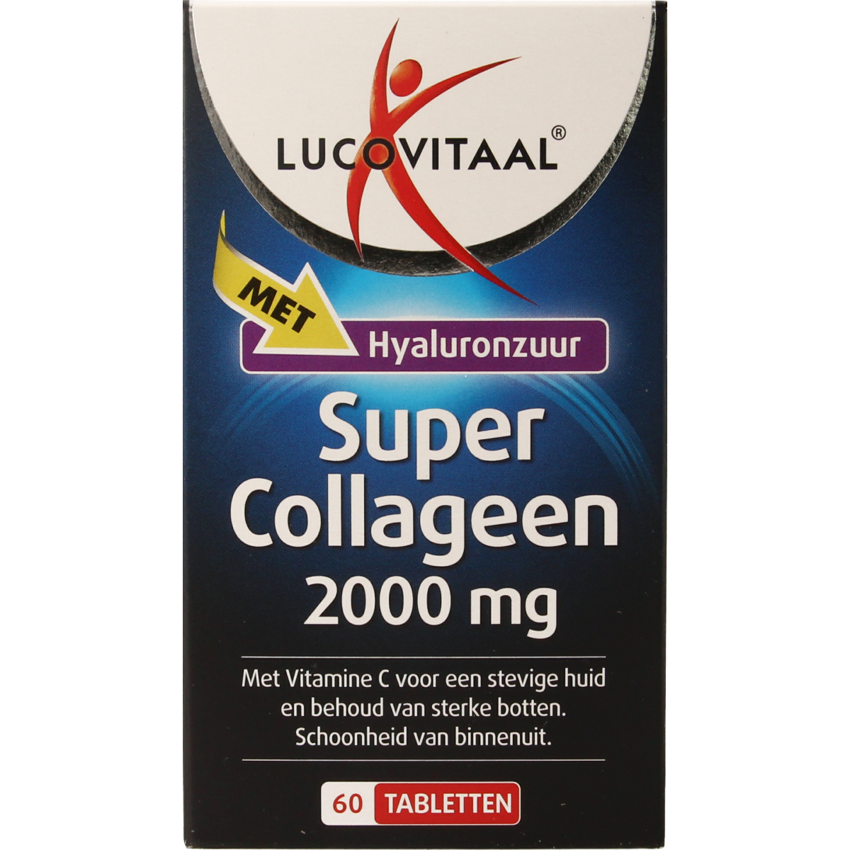 Lucovitaal Super Collageen 2000 tablets, herbal supplement in a blister pack, with white and green packaging.