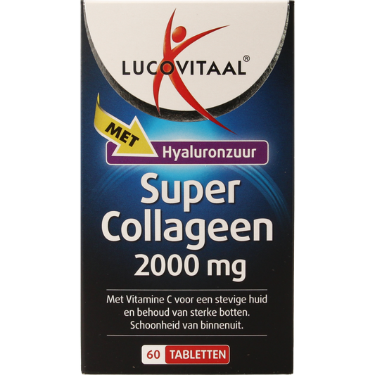 Lucovitaal Super Collageen 2000 tablets, herbal supplement in a blister pack, with white and green packaging.