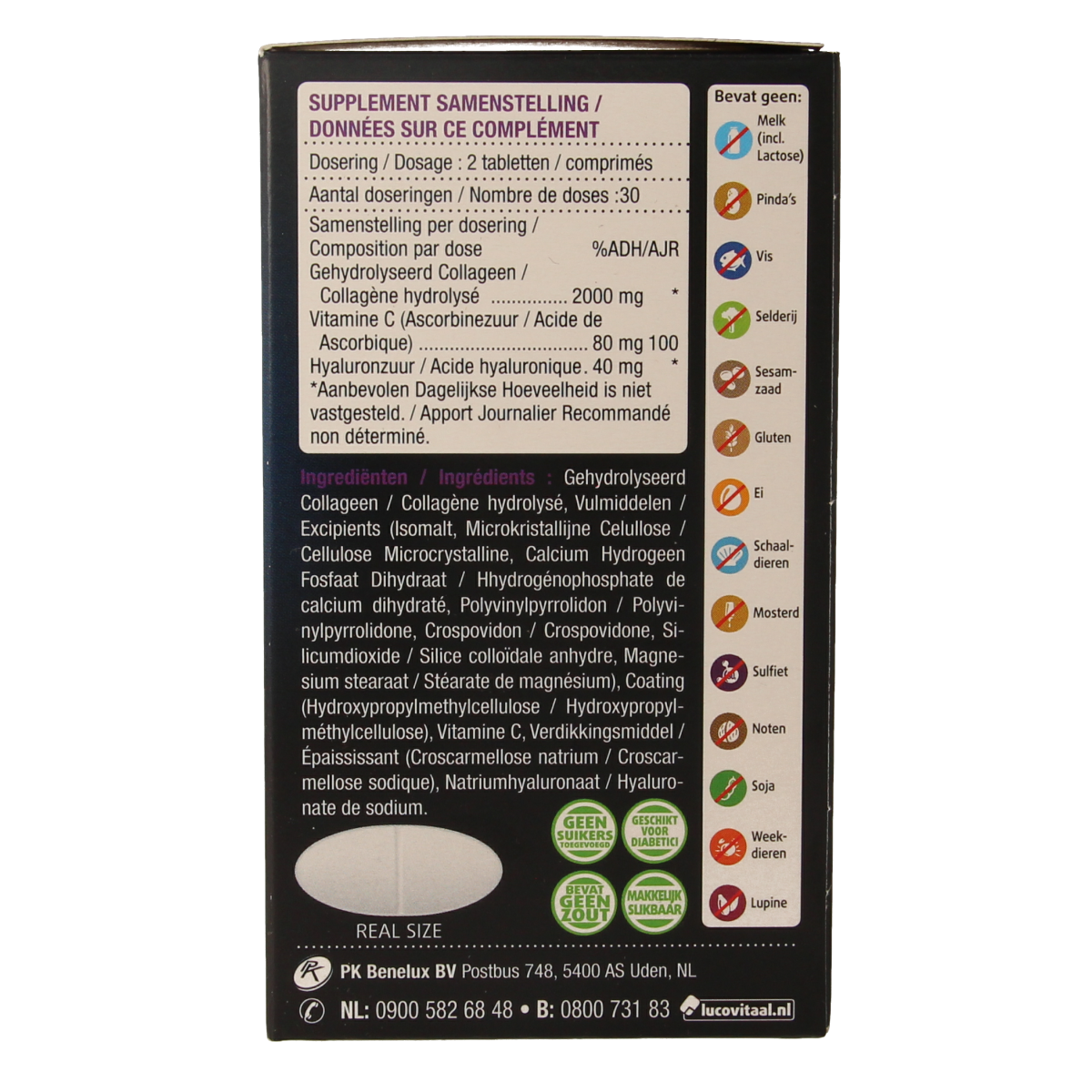 Lucovitaal Super Collageen 2000 tablets, herbal supplement in a bottle, showing tablets and packaging for skin and joint support