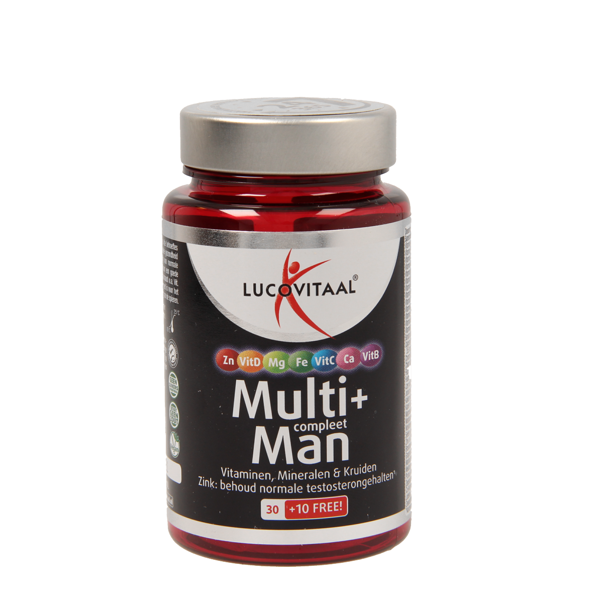 Lucovitaal Multi+ Compleet Man multivitamin tablets, showing a bottle of 40.00 tablets for men's daily nutritional support
