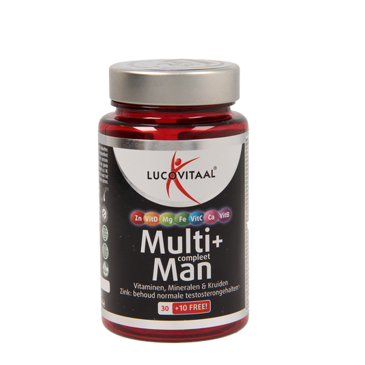 Lucovitaal Multi+ Compleet Man multivitamin tablets, showing a bottle of 40.00 tablets for men's daily nutritional support
