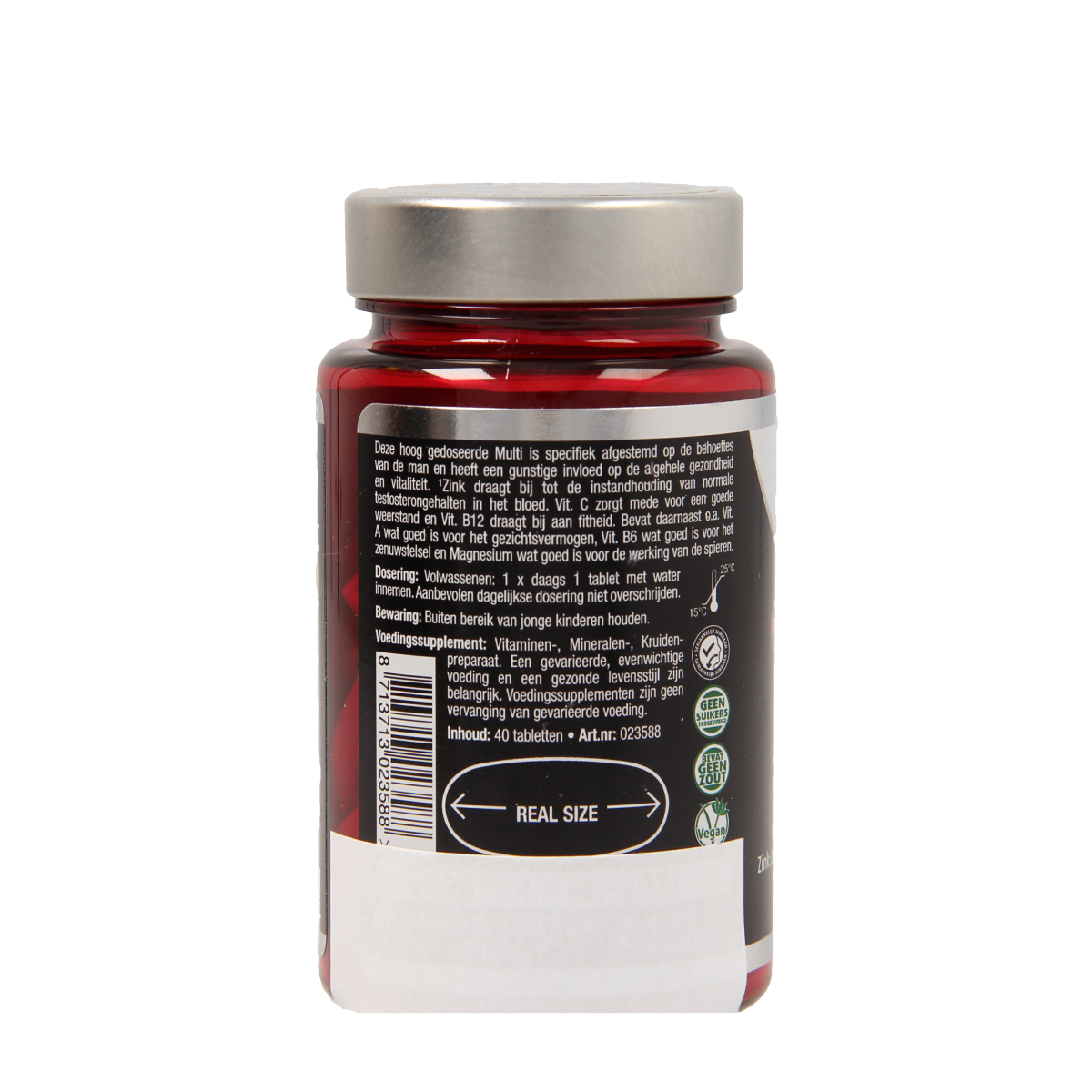 Lucovitaal Multi+ compleet man vitamin multivitamin tablets, 40 count, showing the supplement bottle and tablets inside.