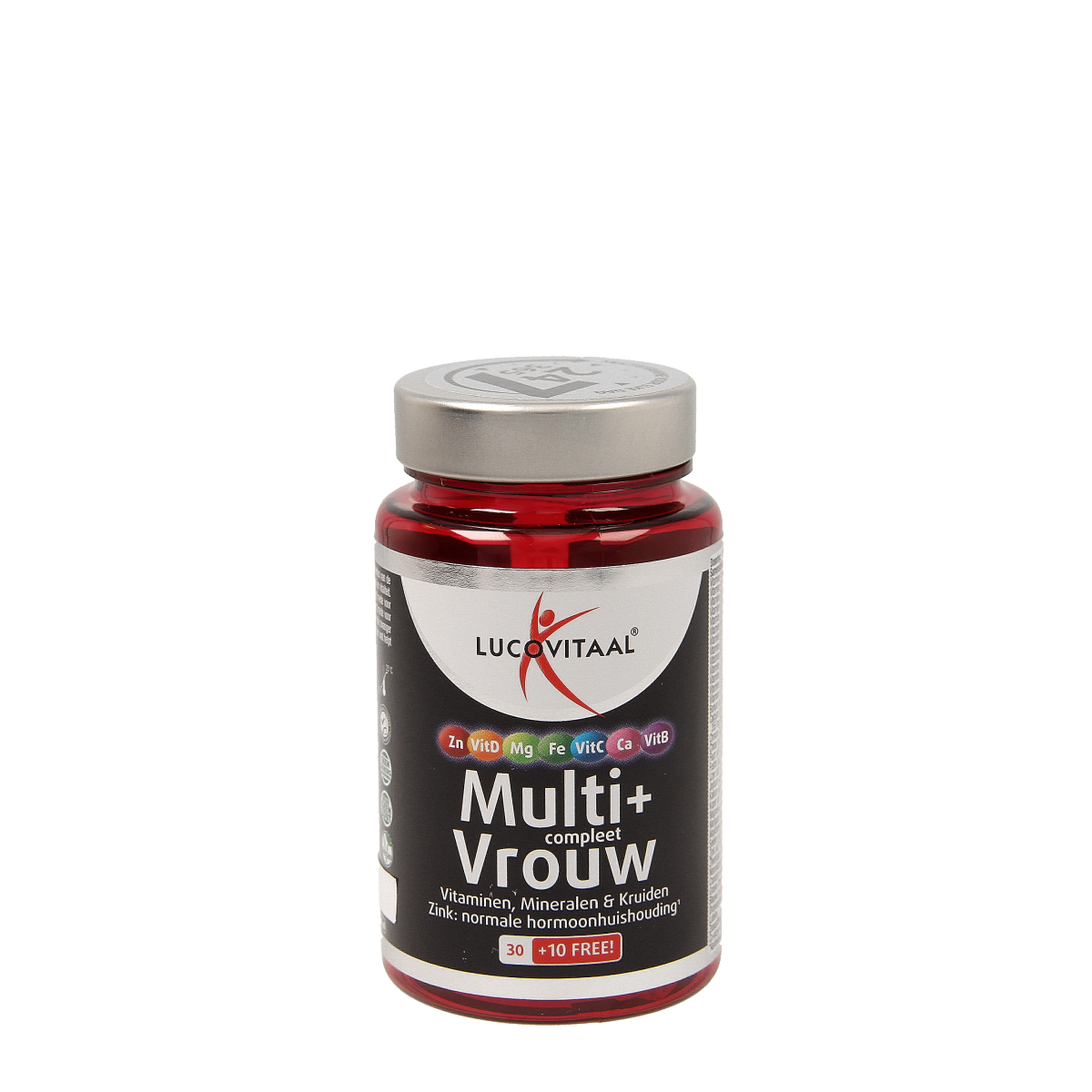 Lucovitaal Multi+ Compleet Vrouw vitamine supplement in a bottle of 40 tablets, showing the colorful tablets on the label.