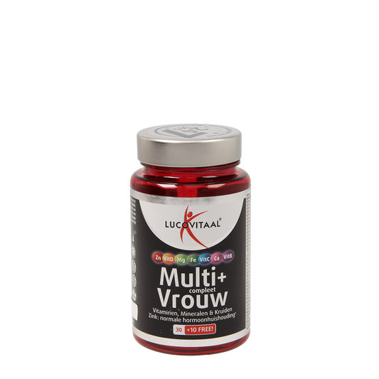 Lucovitaal Multi+ Compleet Vrouw vitamine supplement in a bottle of 40 tablets, showing the colorful tablets on the label.