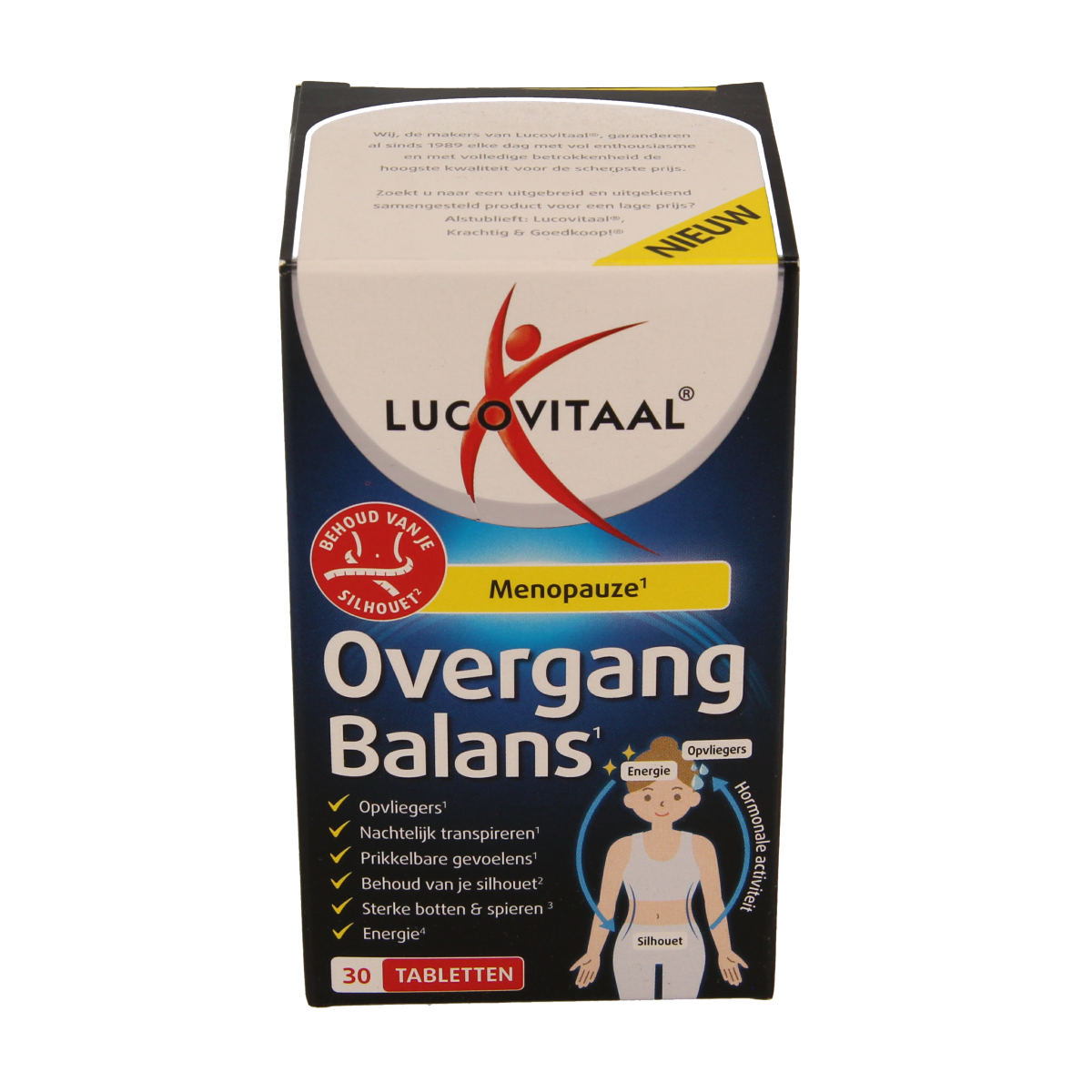 Lucovitaal Overgang Balans herbal supplement tablets in a bottle, designed to support women's hormonal balance.