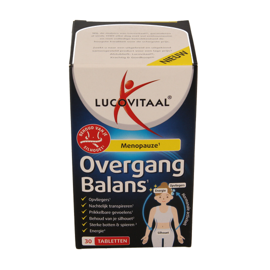 Lucovitaal Overgang Balans herbal supplement tablets in a bottle, designed to support women's hormonal balance.