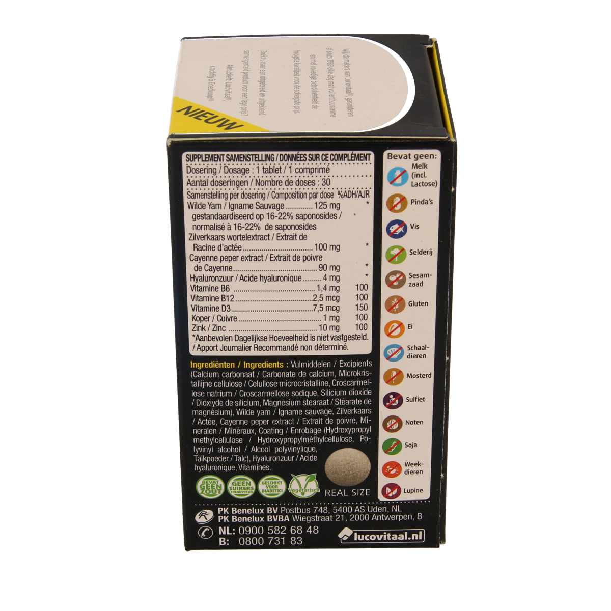 Lucovitaal Overgang Balans herbal supplement in a bottle of 30 tablets, natural remedy for hormonal balance.