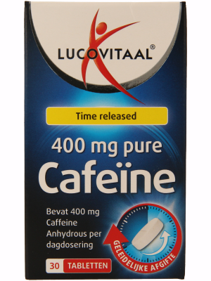 Lucovitaal Pure cafeïne kruidenpreparaat in een verpakking met 30 tabletten, geschikt voor energie en alertheid.