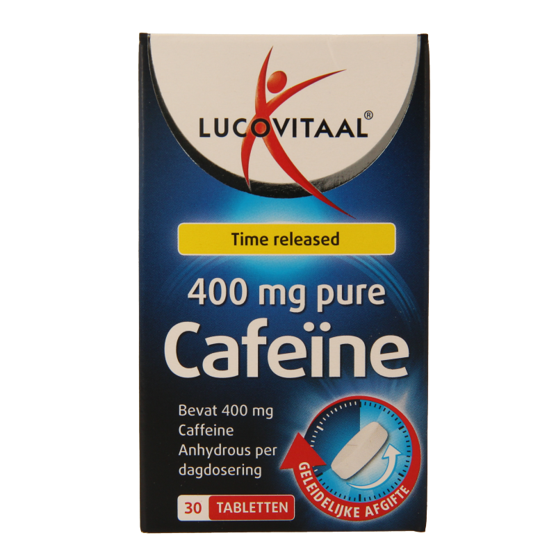 Lucovitaal Pure Cafeïne kruidenpreparaten with 30 tablets, showing the supplement packaging and tablets inside the box.