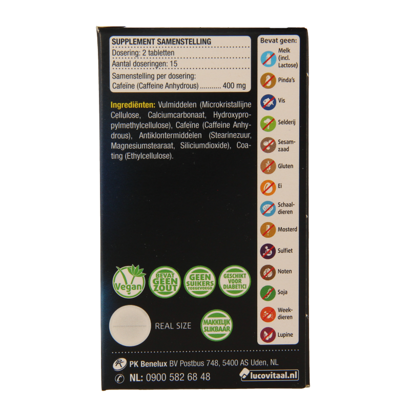 Lucovitaal Pure cafeine herbal supplement with 30 tablets, showing the product packaging and tablets in a natural setting.