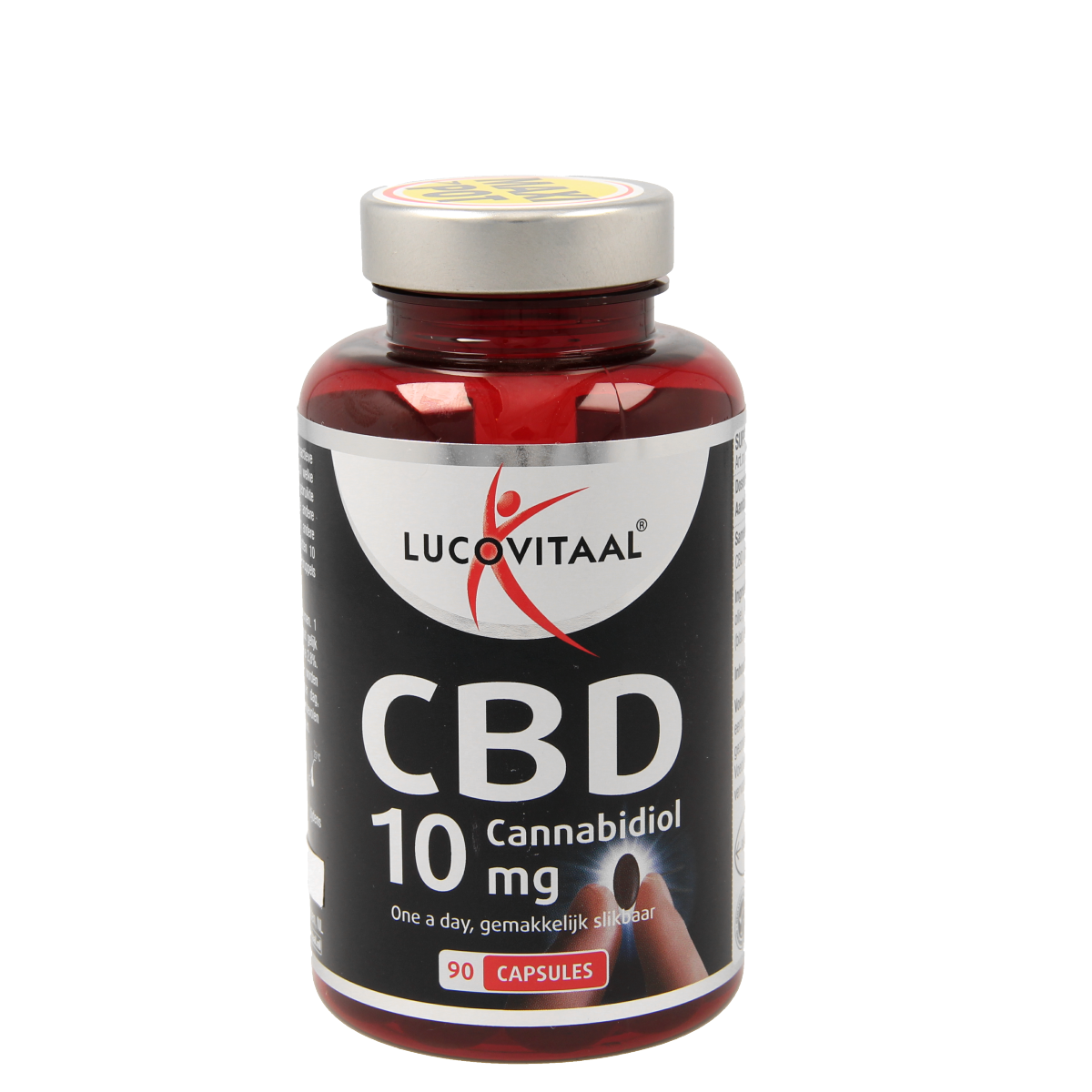 Lucovitaal CBD 10mg capsules, herbal supplement, 90-count bottle, featuring white capsules and green labeling.