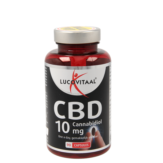 Lucovitaal CBD 10mg capsules, herbal supplement, 90-count bottle, featuring white capsules and green labeling.