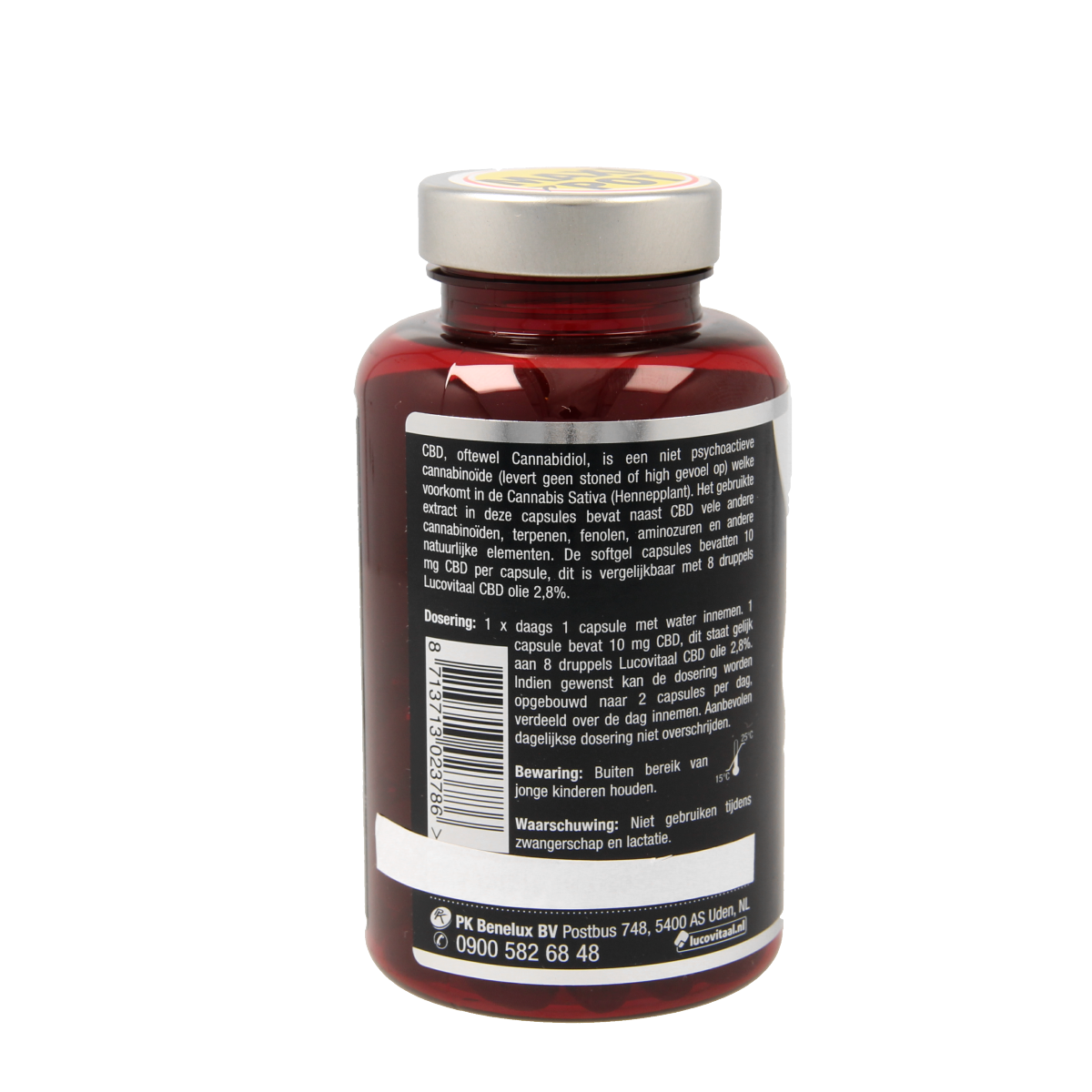 Lucovitaal CBD 10mg capsules, herbal supplement in a bottle with 90 capsules, natural herbal remedy for wellness.