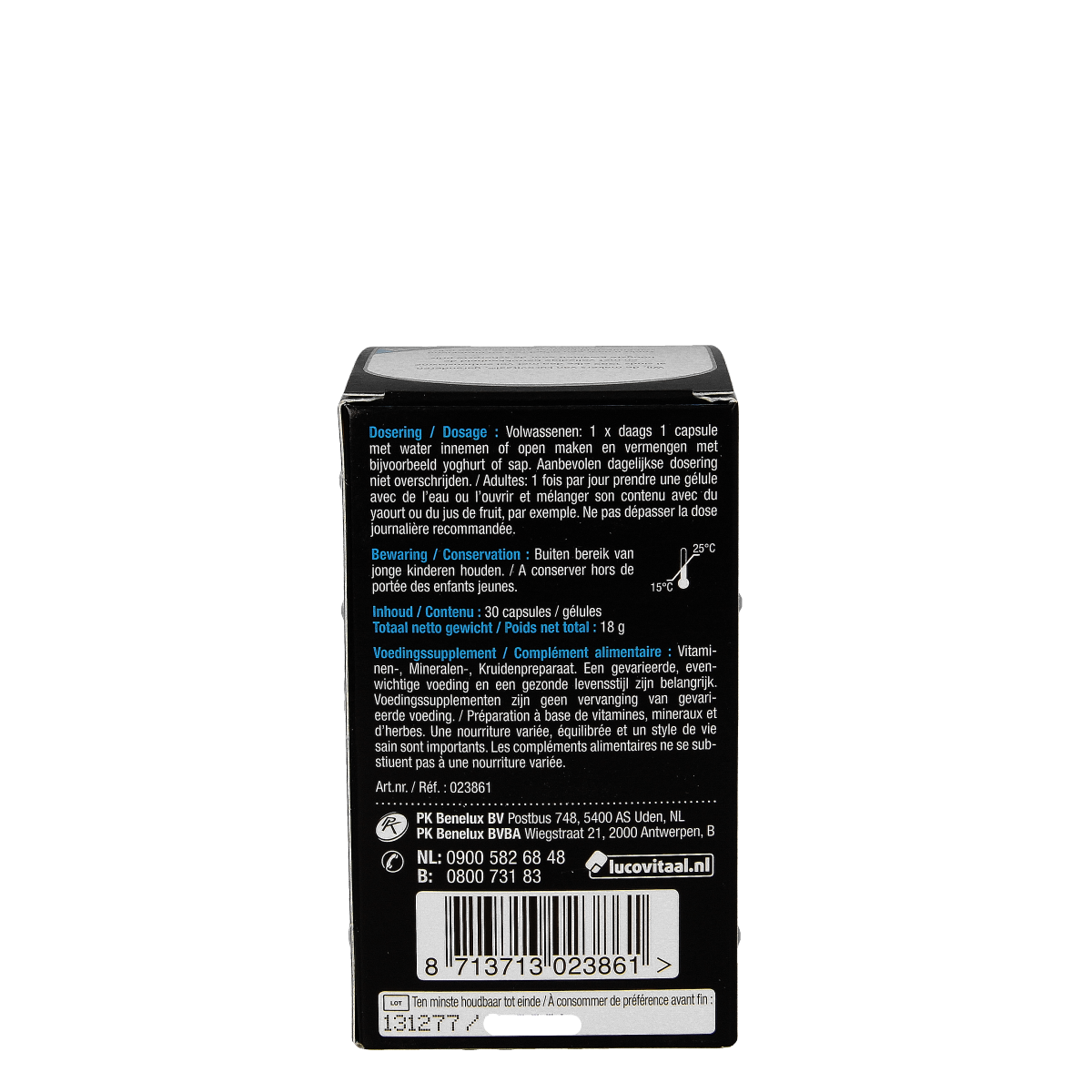 Lucovitaal bloeddruk capsules with mineralen multi, 30 capsules, showing the supplement bottle and label details.